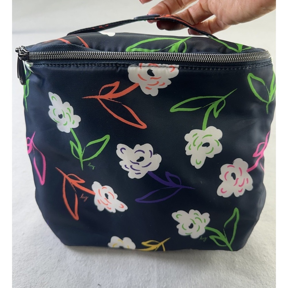 Lug Dolly Tall Cosmetic Case Blue Floral Travel Storage Lined Pocket